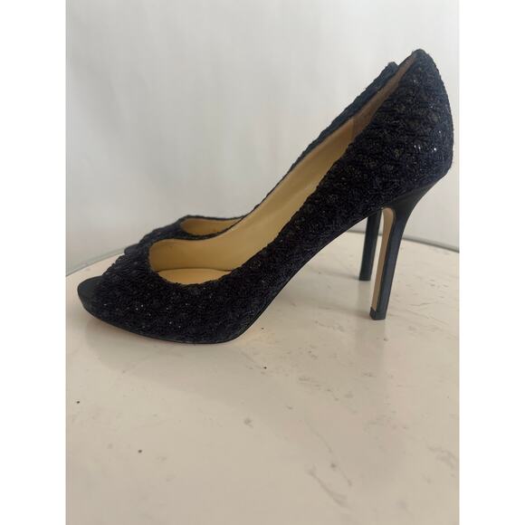 ENZO ANGIOLINI PEEP TOE BLACK SATIN GLITTER FABRIC STILETTO HEELS SIZE 8M - Picture 1 of 11
